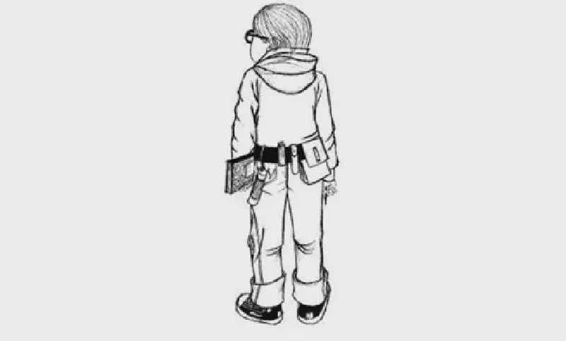 Harriet holding her notebook, and looking