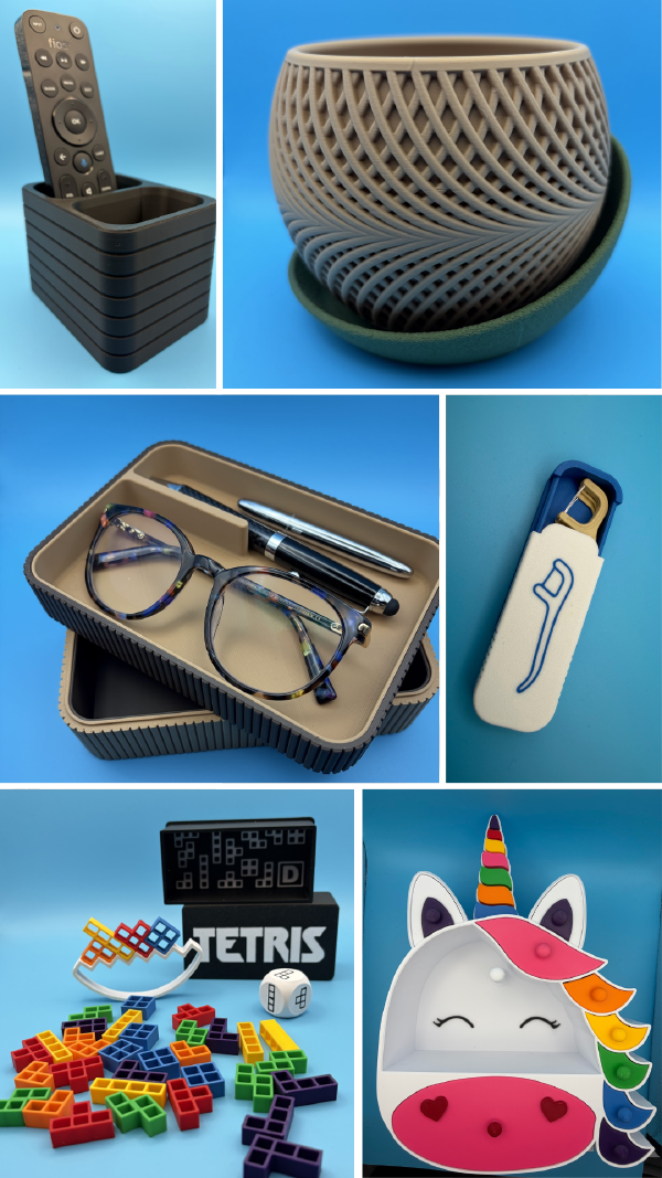 A collage of 3D printed household objects, including a remote control holder, a planter, a desktop organizer, a dental pick holder, a travel Tetris game, and a unicorn-shaped kids jewelry box.